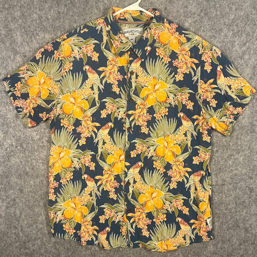 Margaritaville Men's XL Rayon Hawaiian Shirt Parrot Hibiscus Tropical Navy Blue